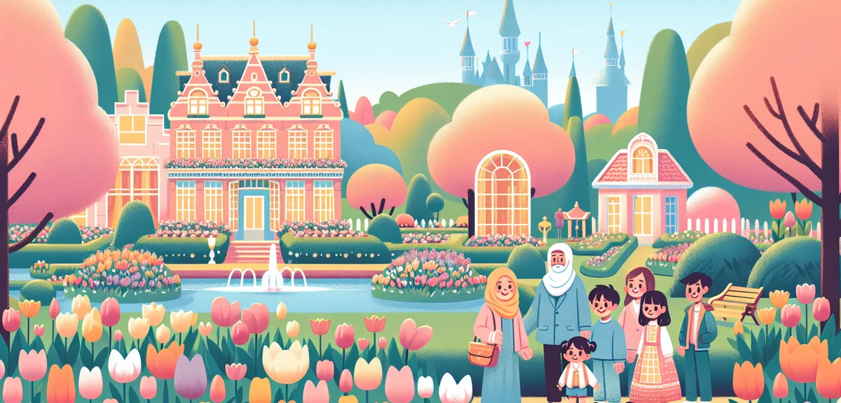 Huis Ten Bosch flower kingdom spring event with colorful tulips and roses in European garden setting