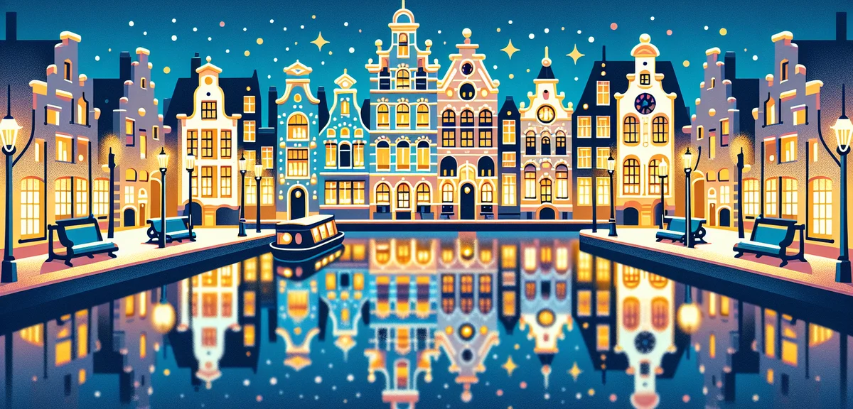 Huis Ten Bosch illumination light kingdom at night, canal reflections, European architecture lit up