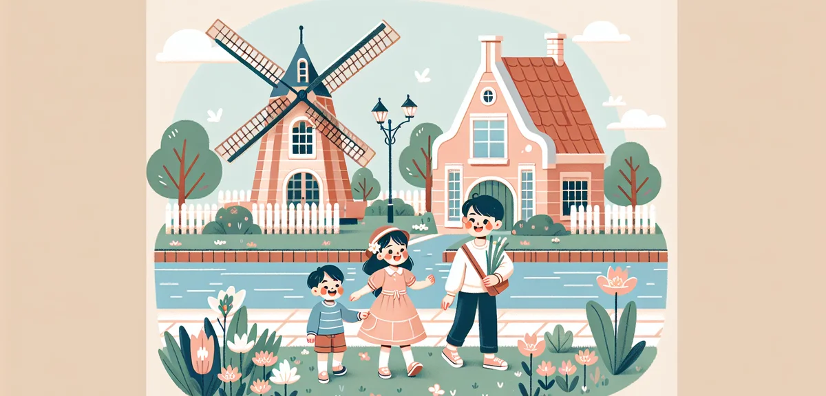 Japanese family with children at Huis Ten Bosch theme park, kids playing near windmill and canal, sp