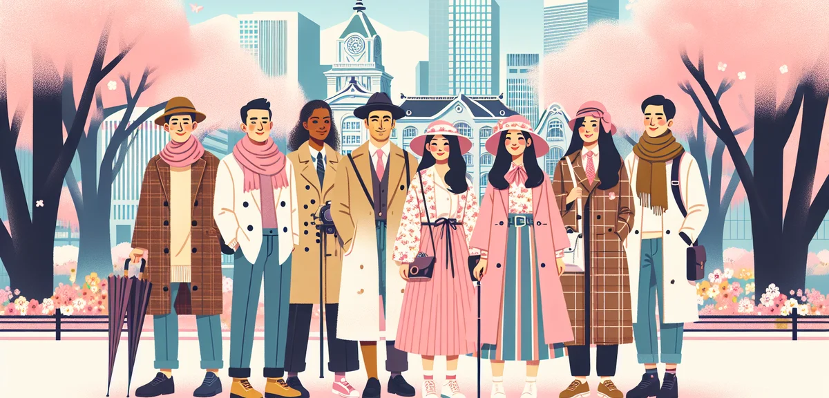 Japanese tourists wearing layered spring clothing in Sapporo city, Odori Park with spring flowers, c