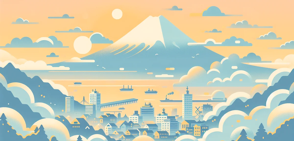 Hakodate morning scenery from Mount Hakodate viewpoint in spring, cool misty atmosphere, city and ha