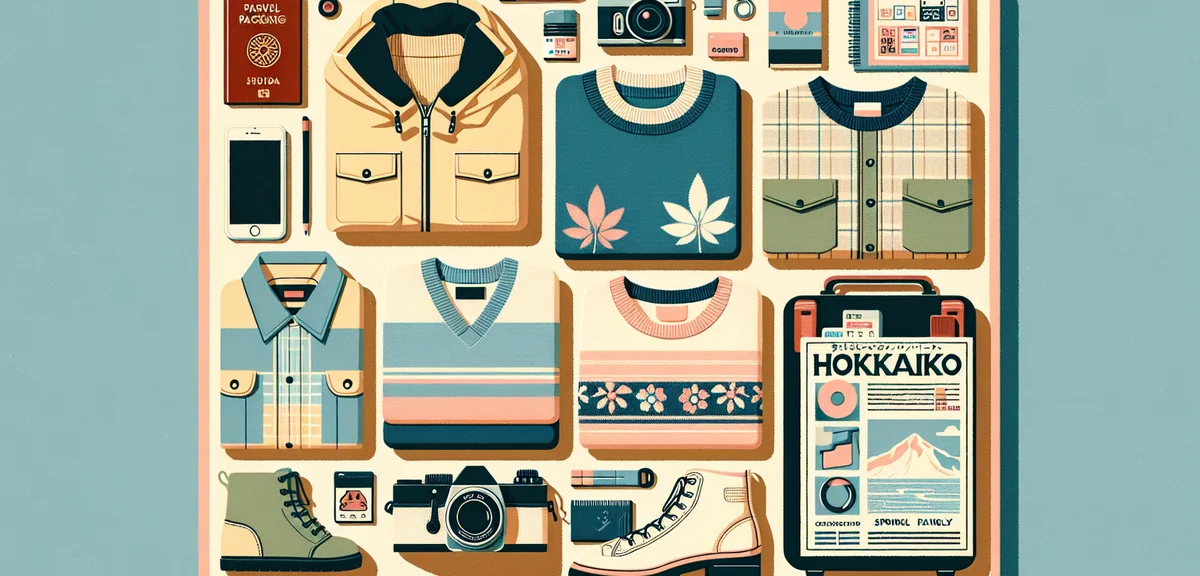 Travel packing flat lay for Hokkaido spring trip, warm layers, windbreaker, comfortable shoes, camer