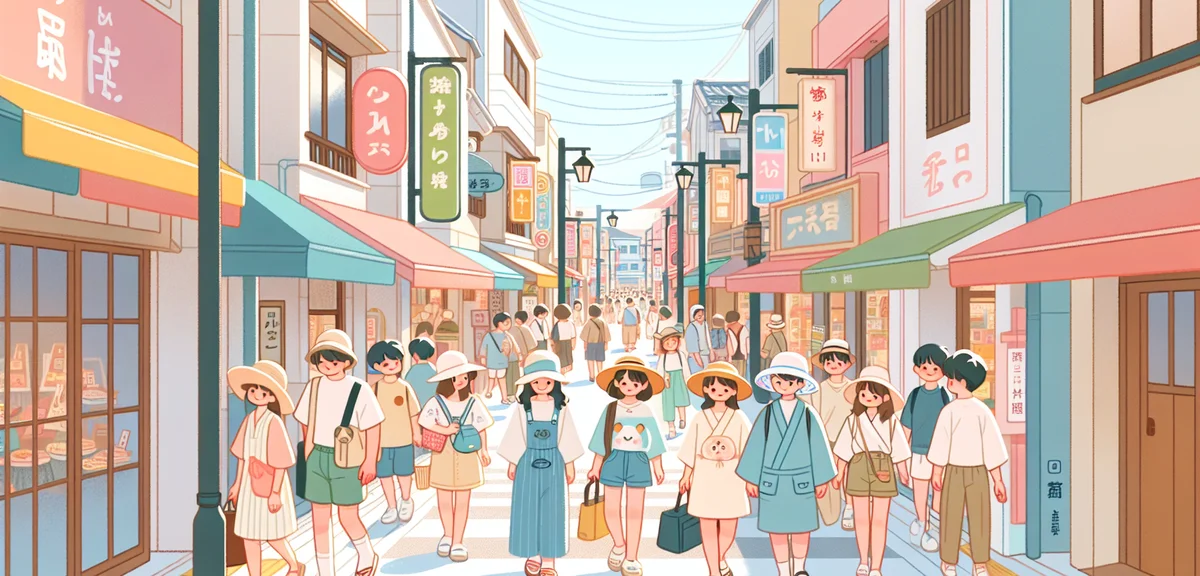 Naha Kokusai Street in spring, Japanese tourists wearing light summer clothes and hats, bright sunny