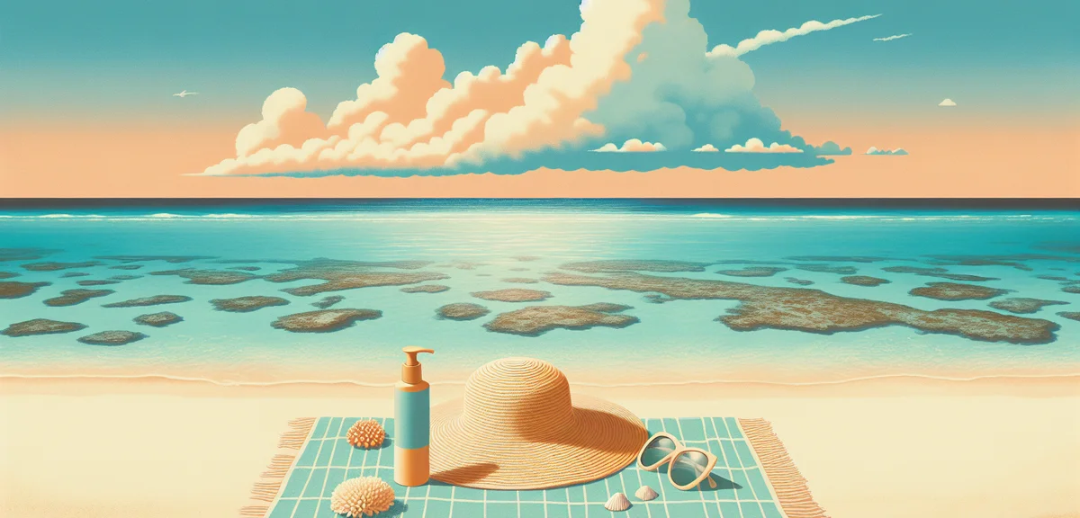 Ishigaki Island crystal clear ocean with coral reef visible, dramatic tropical clouds, UV protection