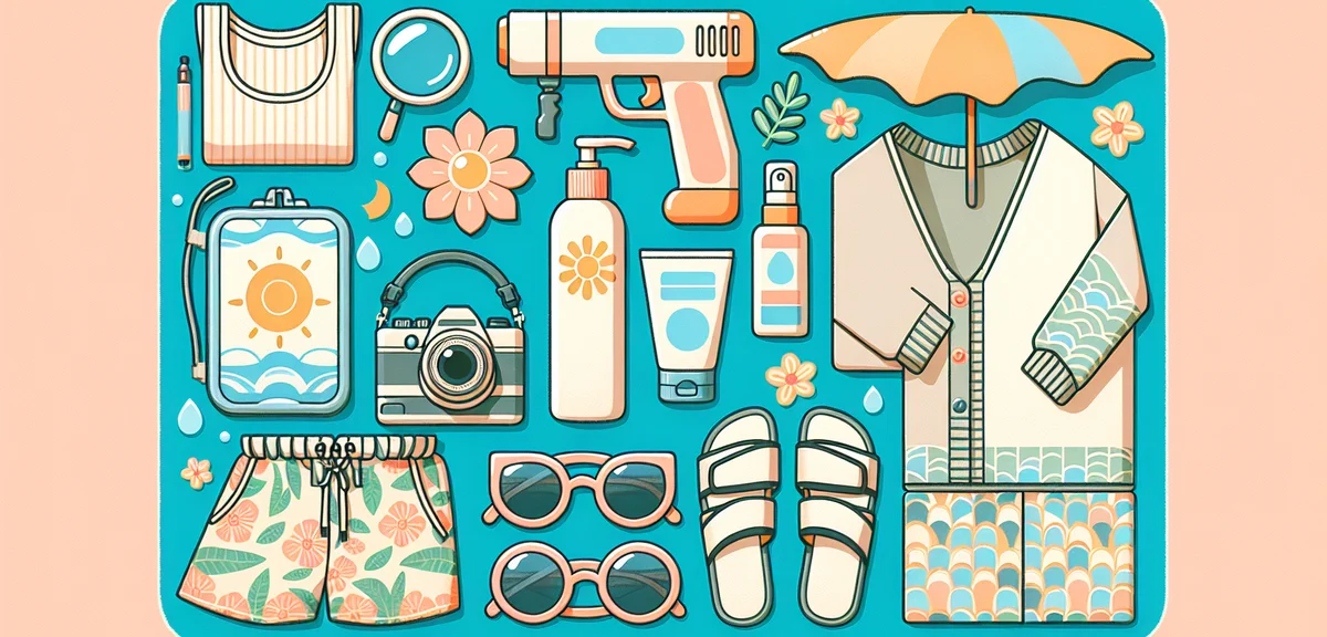 Flat lay of Okinawa travel essentials, sunscreen, sunglasses, light cardigan, sandals, rain jacket, 