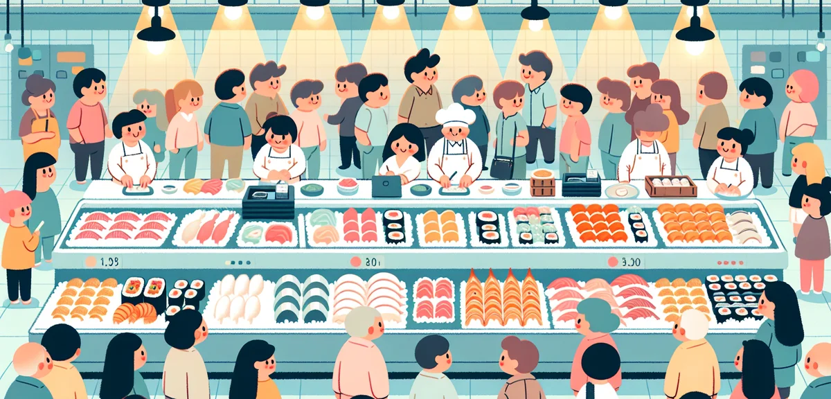 Bustling Japanese fish market scene with customers lining up at sushi stalls, fresh seafood displaye