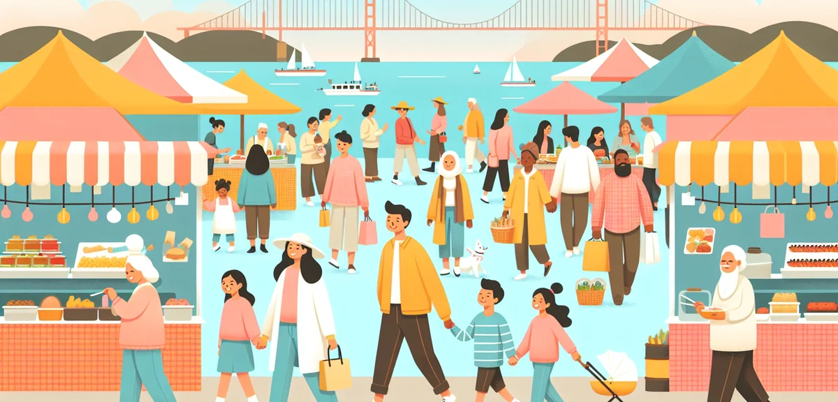 Crowded Japanese waterfront market during golden week holiday, families and tourists walking between