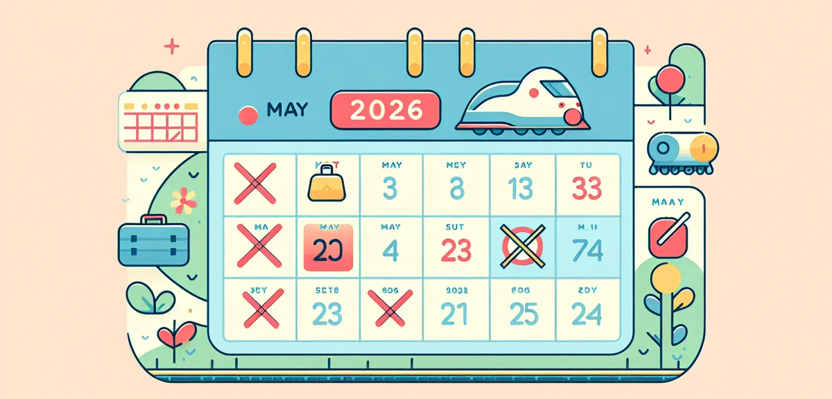 Calendar page showing May 2026 with some dates crossed out in red, Japanese text notes about Shinkan