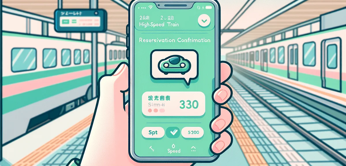 Smartphone showing EX-IC Shinkansen booking app with green reservation confirmation screen, held in 