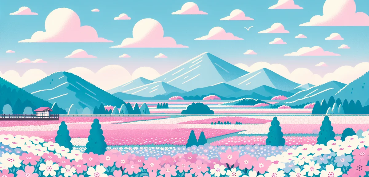 Shibazakura (moss phlox) flower field at Hitsujiyama Park in Chichibu, vibrant pink and white carpet