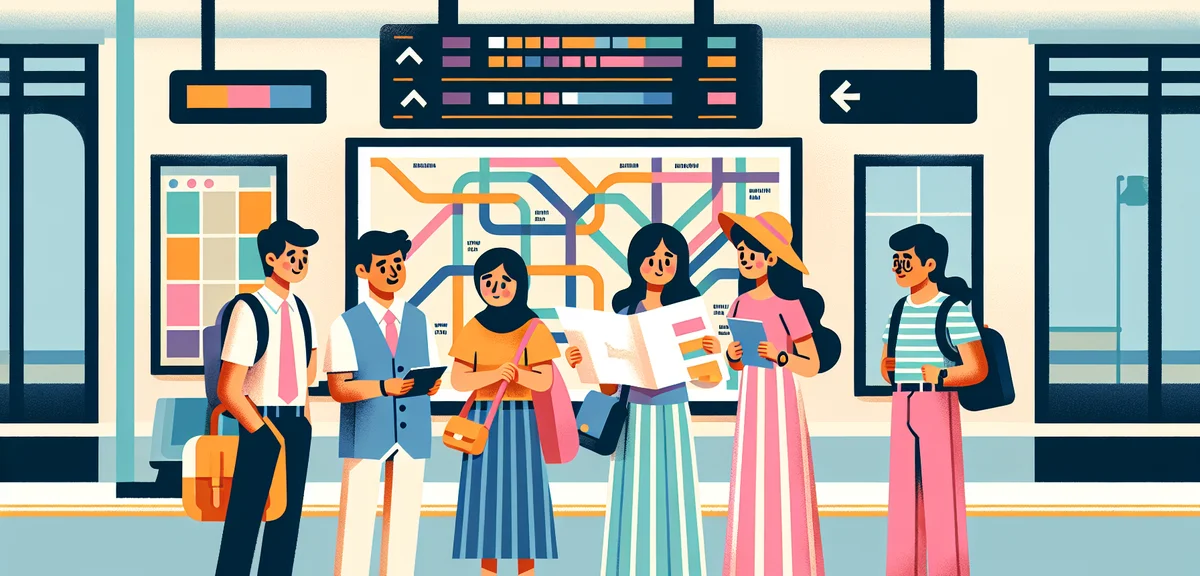 Japanese tourists consulting a railway map and timetable at a train station, colorful route maps on