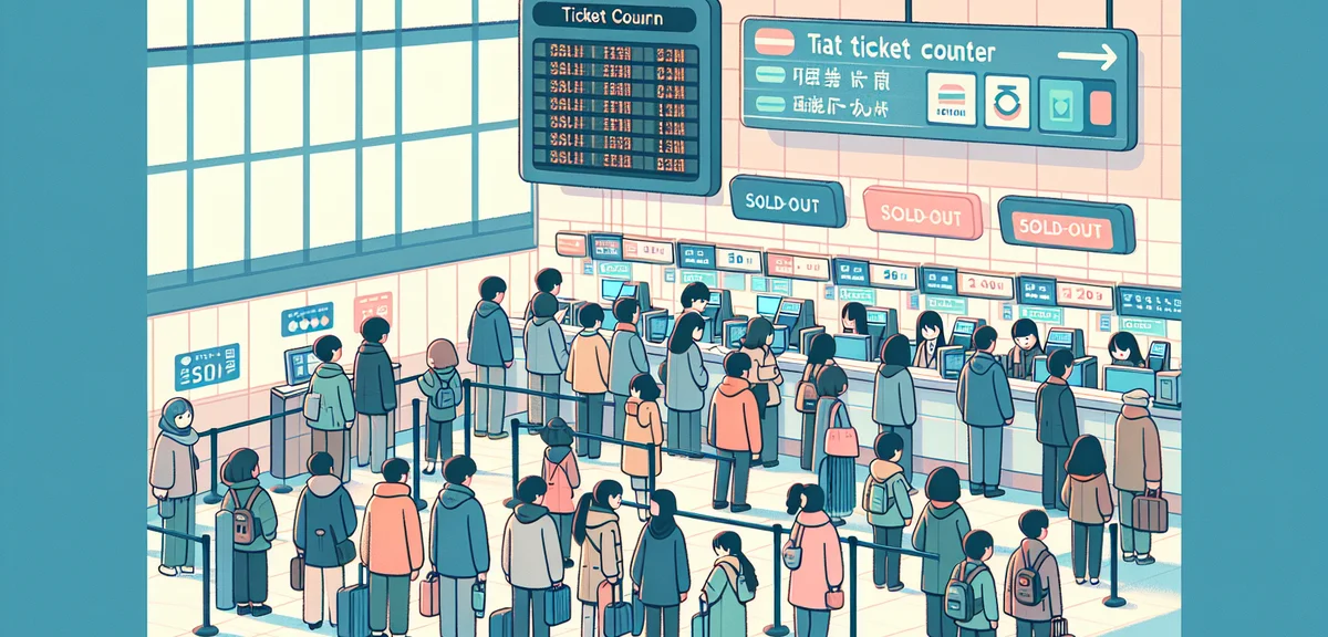 A busy Japanese train station ticket counter during Golden Week, long queues of travelers, digital d