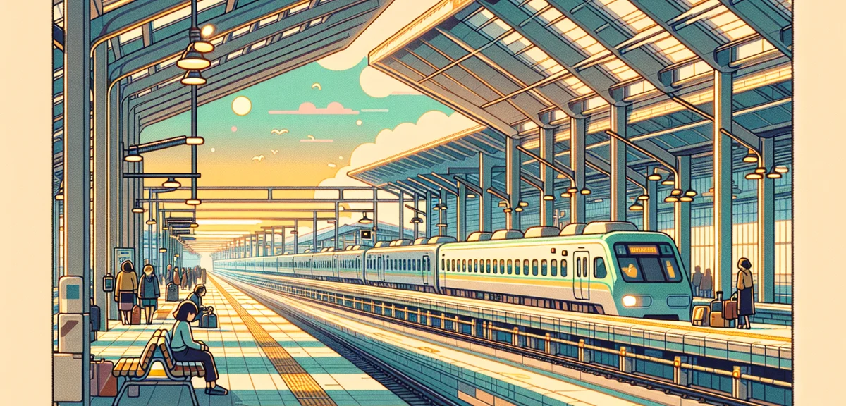 An early morning scene at Tokyo Station shinkansen platform, a few passengers lined up at the self-r