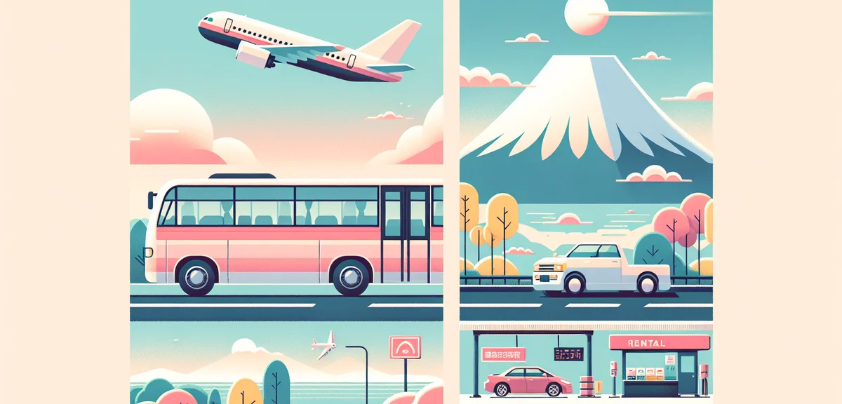 A split image showing alternative transportation in Japan - a highway bus on a scenic expressway, an