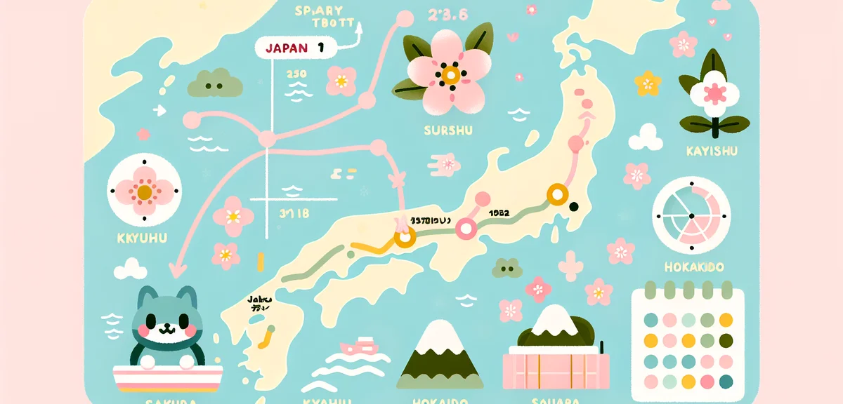 A map of Japan showing the cherry blossom front line moving northward from Kyushu to Hokkaido, with