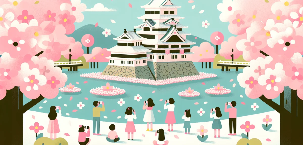 Hirosaki Castle surrounded by cherry blossoms in full bloom, pink petals floating on the castle moat