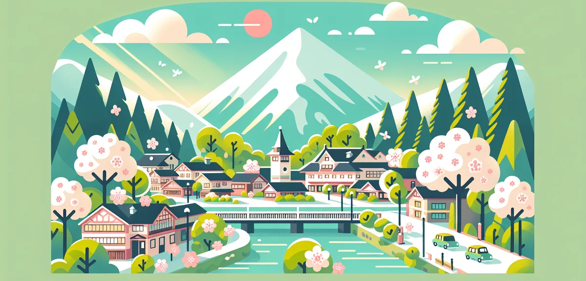 Cherry blossoms blooming at a Japanese highland resort town like Karuizawa, fresh green leaves and p