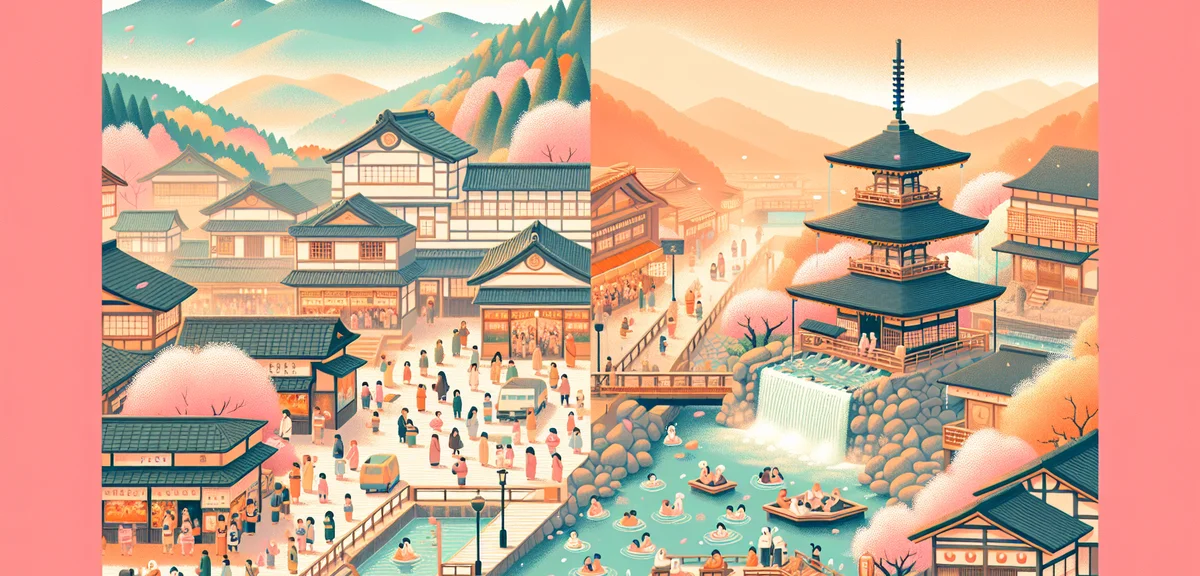 A comparison scene showing a crowded famous onsen town on one side and a peaceful hidden onsen villa