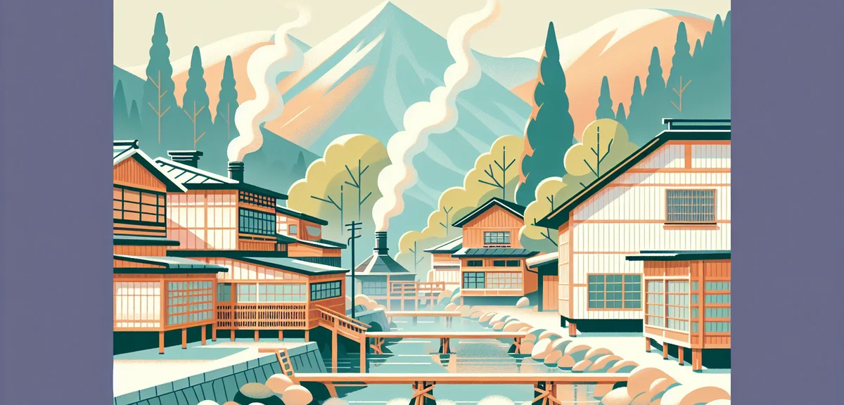 A traditional Japanese onsen town in Tohoku region, wooden ryokan buildings along a mountain stream,