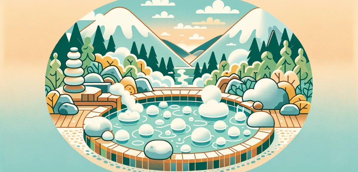 A peaceful rotenburo outdoor onsen bath in a Japanese mountain setting, milky white hot spring water