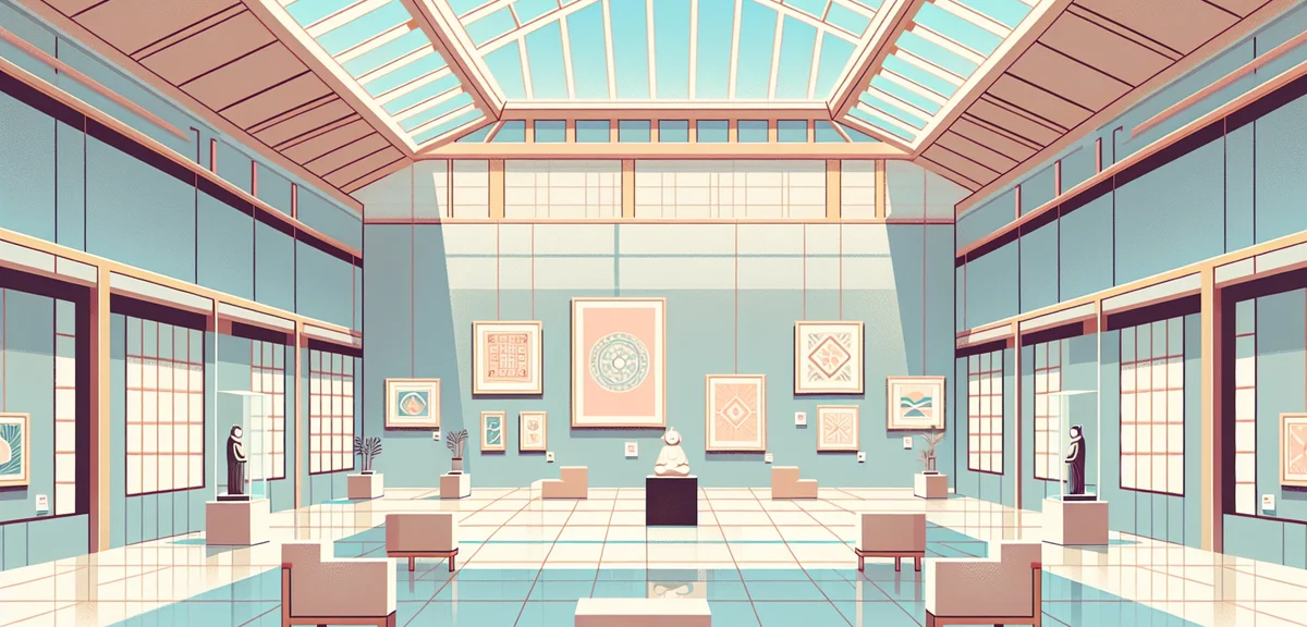 A quiet Japanese museum gallery on a weekday, very few visitors, beautiful artwork on walls, spaciou