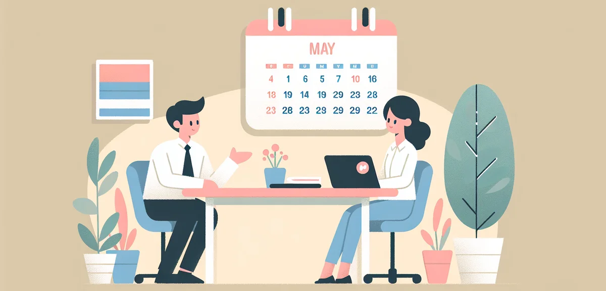 Japanese office worker having a discussion with manager at desk, calendar visible showing May dates,