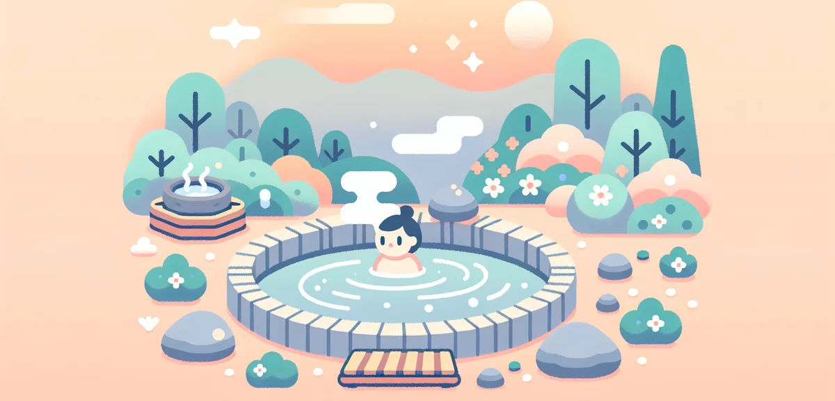 Japanese person relaxing in a hot spring bath after work, outdoor onsen with spring greenery, steam 