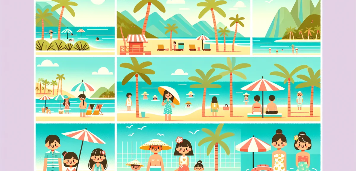 Beautiful Hawaiian beach with palm trees, turquoise water, Japanese tourists enjoying vacation, sunn