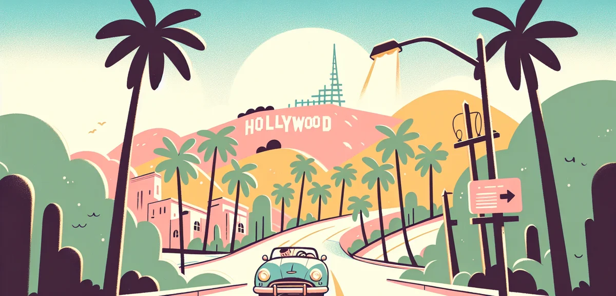 Hollywood sign in Los Angeles with clear blue sky, palm tree lined street, convertible car, bright s