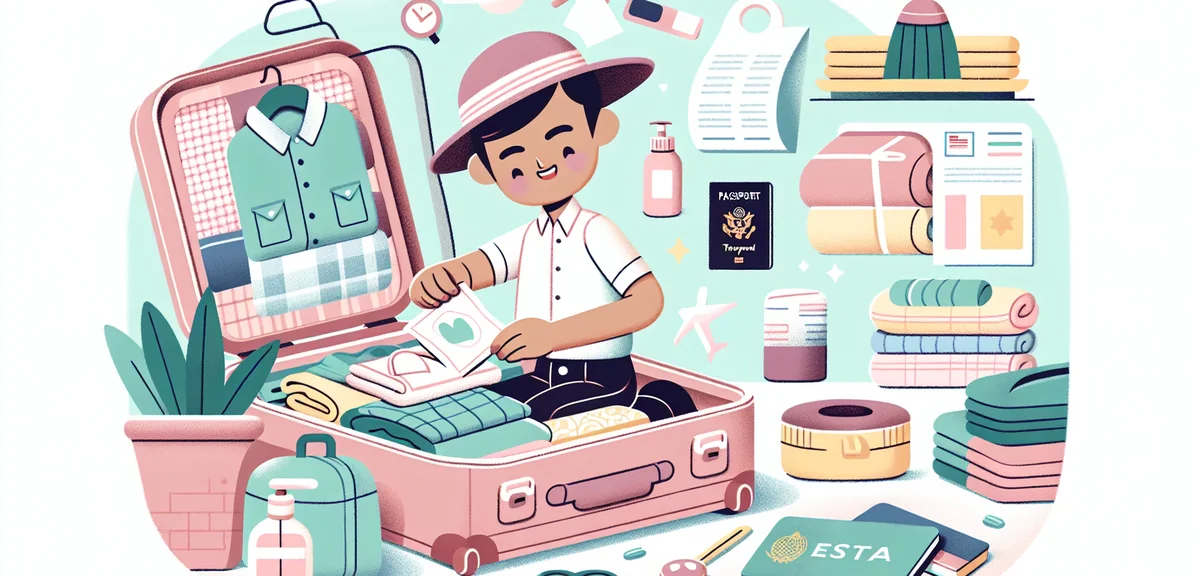 Japanese traveler packing suitcase for America trip, passport and ESTA document on table, travel ess