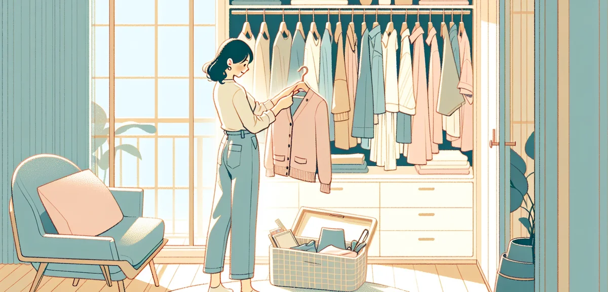 Japanese woman choosing spring outfit in front of closet, light jacket and comfortable clothes, brig