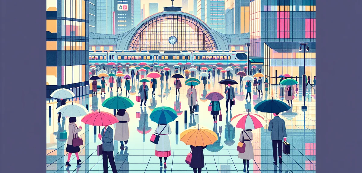 Rainy day in Tokyo, people with colorful umbrellas walking near Tokyo Station, wet streets reflectin