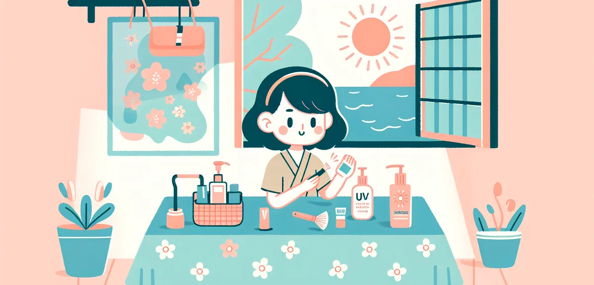 Japanese person applying sunscreen before going out, sunny spring day visible through window, UV pro