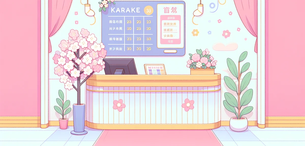 Bright Japanese karaoke reception counter with price menu board, spring decorations, clean modern in