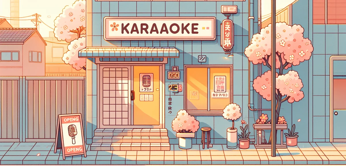 Early morning Japanese karaoke building exterior with morning sunlight, spring atmosphere, cherry bl