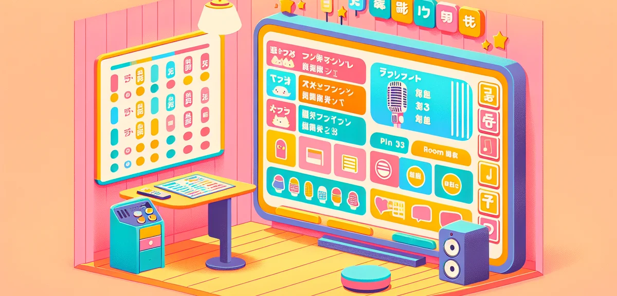 Japanese karaoke price menu display showing different plans, colorful design, room time options, mod