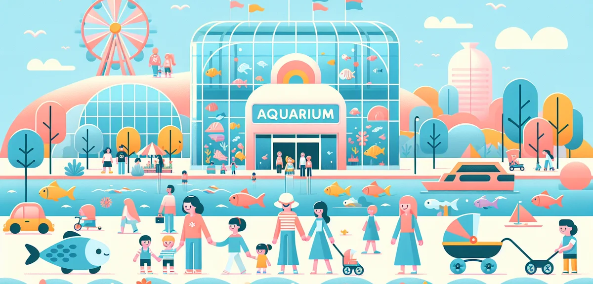 Nagoya Port Aquarium exterior with families entering, spring blue sky, port area with ferris wheel i