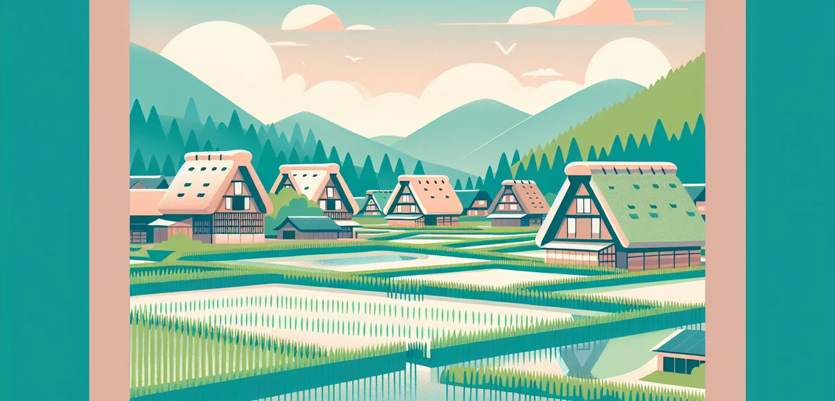 Shirakawago village in spring with fresh green rice paddies reflecting traditional thatched roof hou