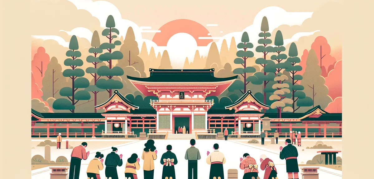 Ise Grand Shrine Naiku main hall with visitors bowing, sacred cypress forest, torii gate, peaceful s