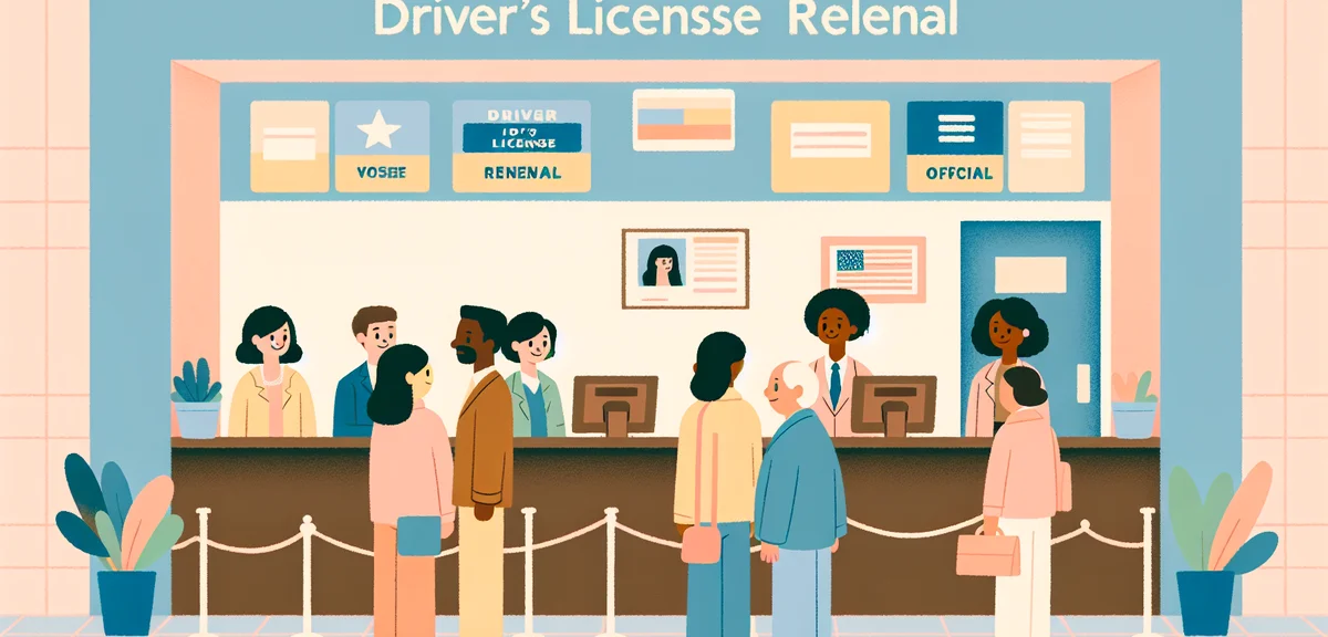 Japanese driver's license renewal center interior, counter with staff helping visitors, official sig