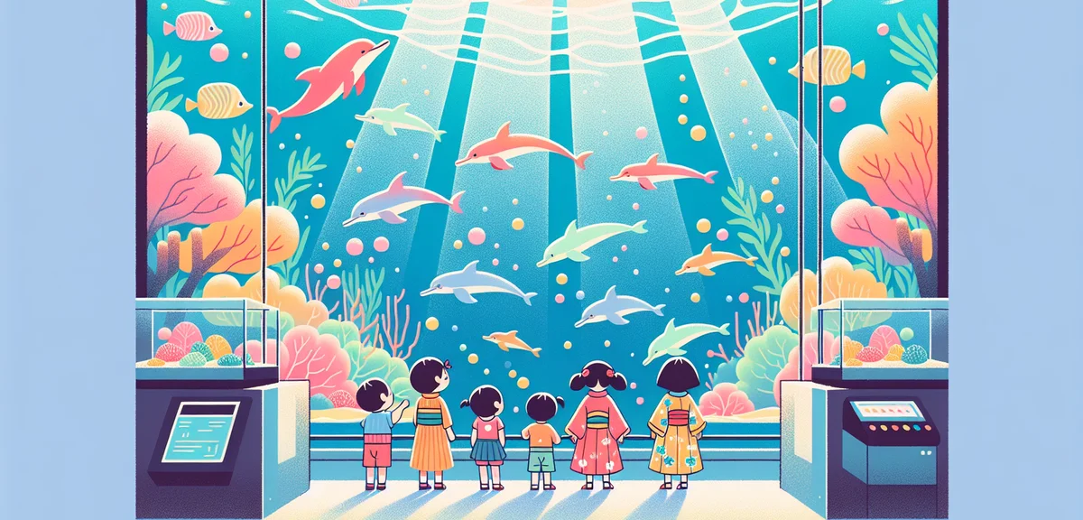 Japanese children excitedly watching dolphins at a large aquarium, colorful underwater lighting, fam