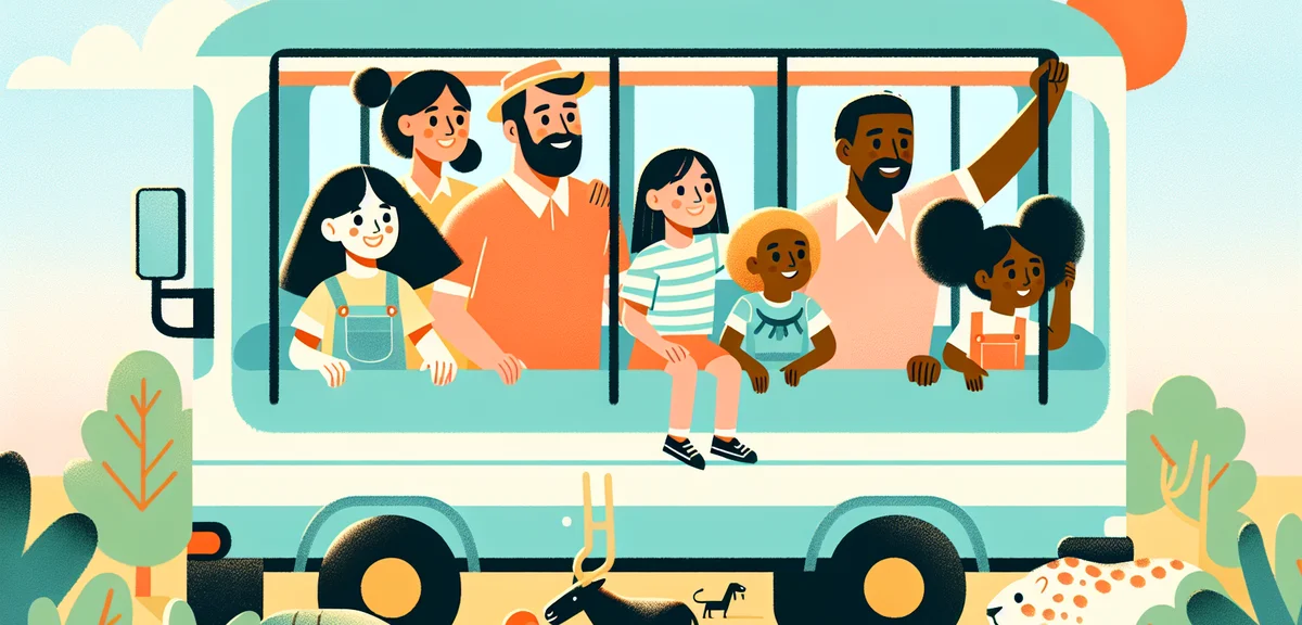 Japanese family riding on a safari bus watching wild animals in a Japanese safari park, children poi