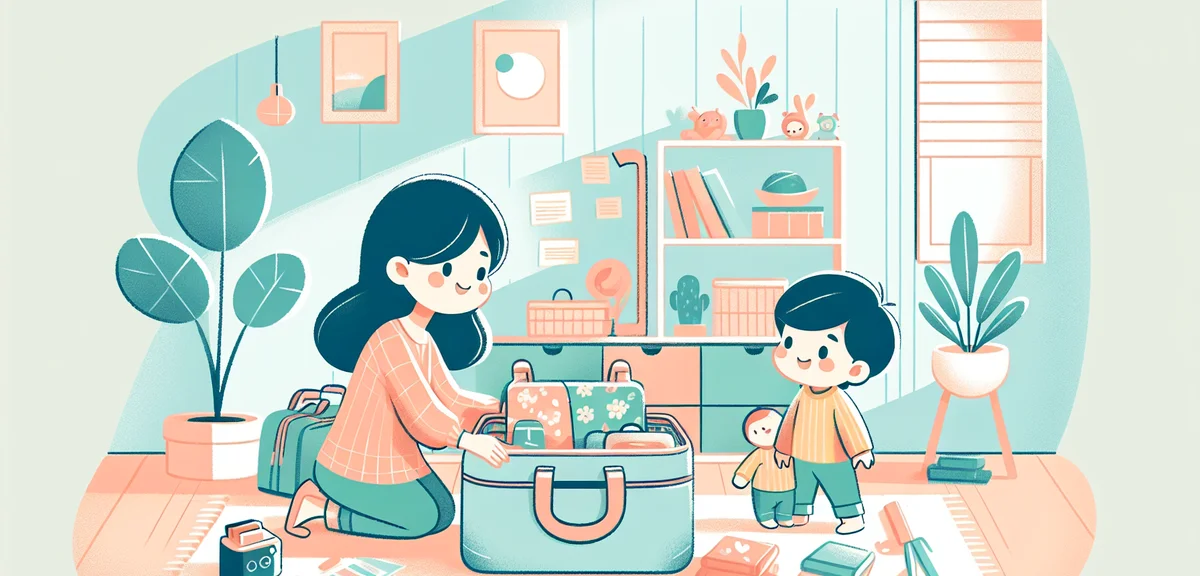 Japanese mother packing a travel bag with children's items for family trip, organized luggage with k