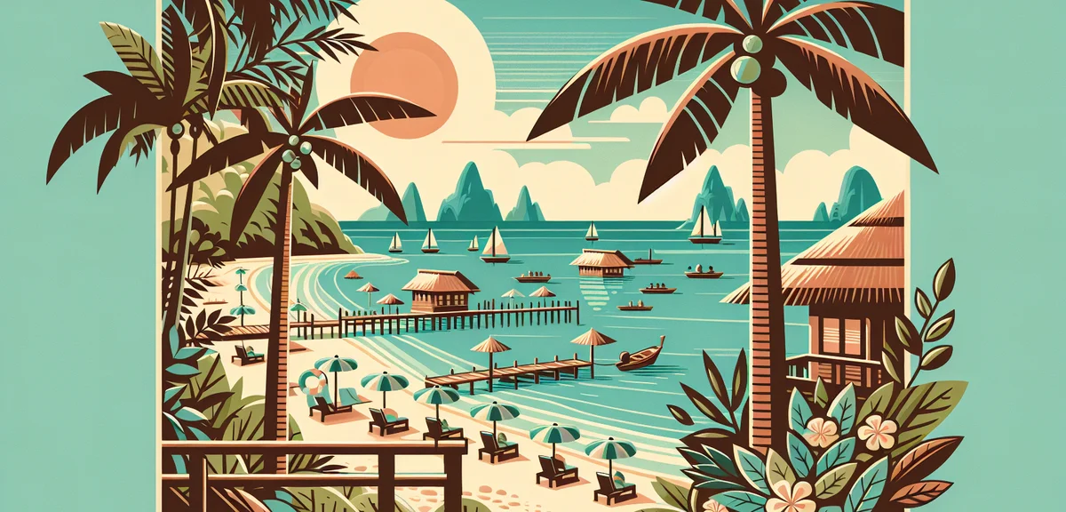 Tropical beach resort in Southeast Asia, crystal clear water, palm trees, affordable luxury, relaxin