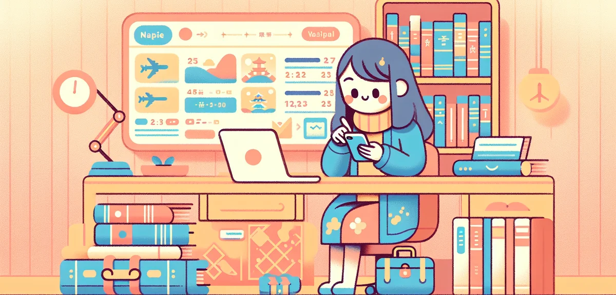 Japanese traveler comparing flight prices on smartphone and laptop, travel planning at home, budget-