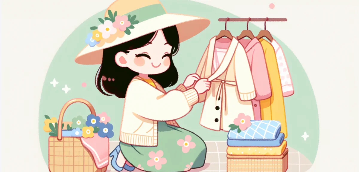 Japanese woman choosing spring outfit for outdoor trip, light jacket and sunhat, bright wardrobe, ch