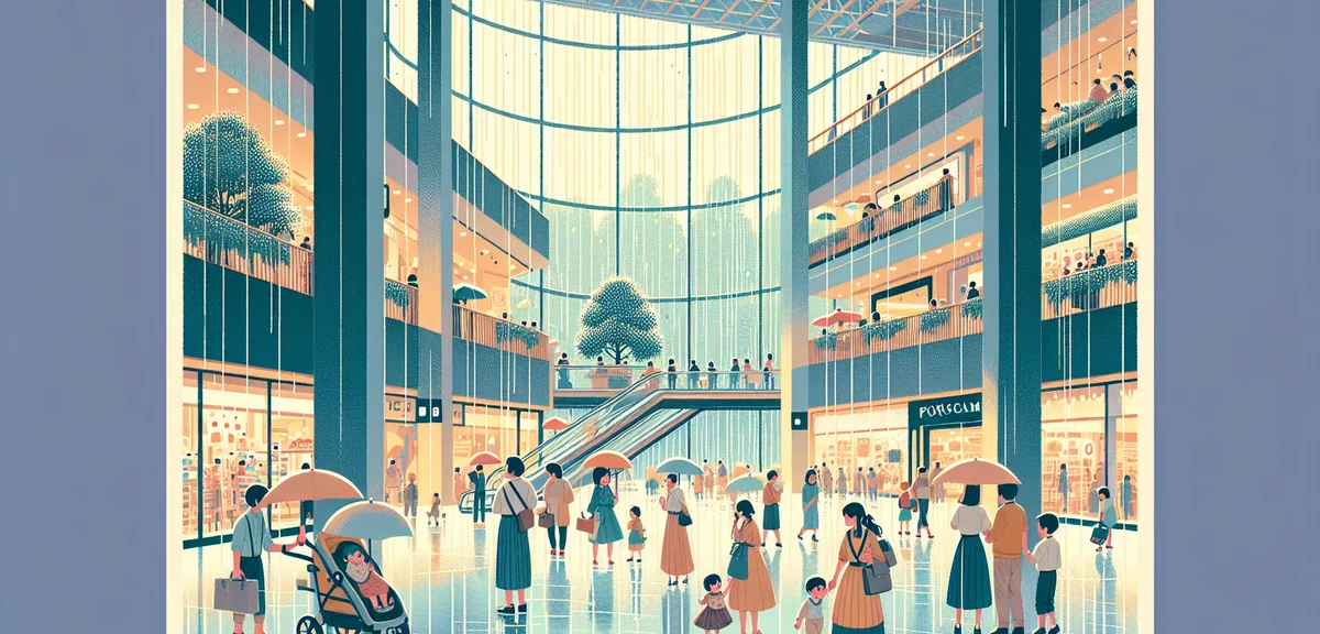 Rainy day at Japanese indoor shopping mall, families enjoying indoor activities, cozy atmosphere, mo