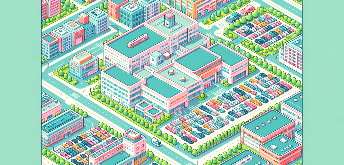 Aerial view of large Toyota automobile factory complex in Japan, modern industrial buildings, organi