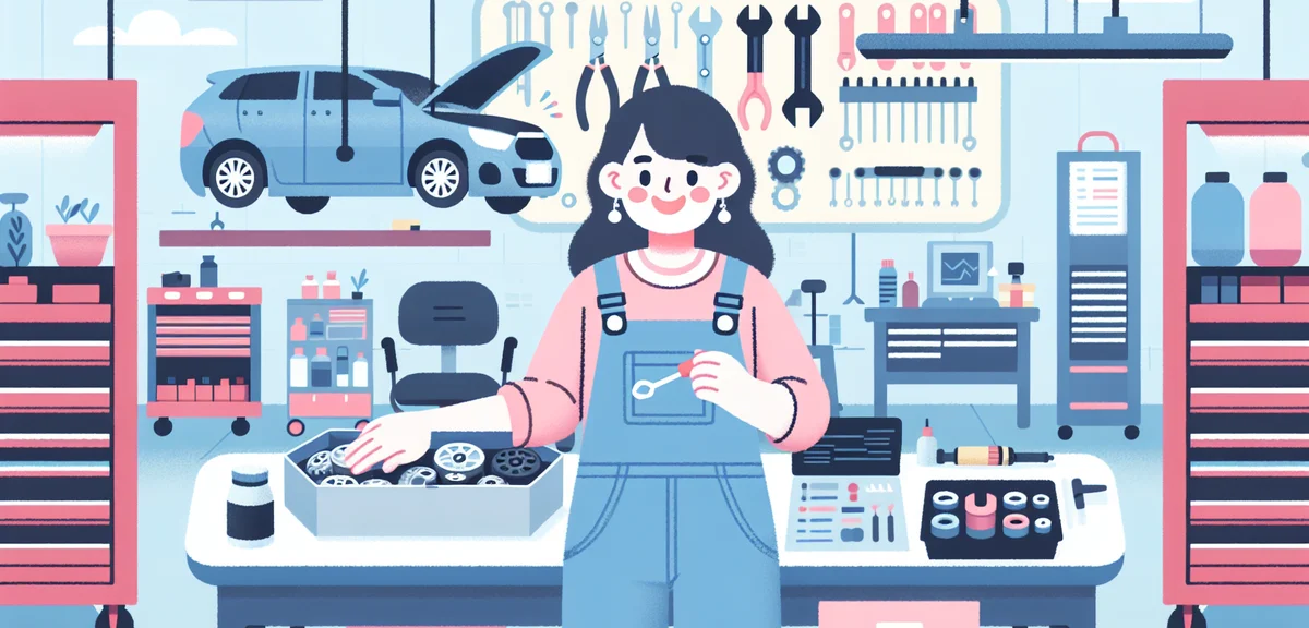 Japanese car maintenance service center, mechanic inspecting vehicle, organized tools, clean worksho