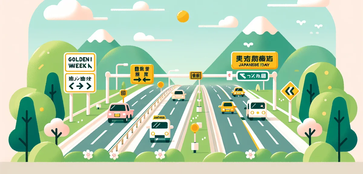 Japanese highway with moderate traffic during golden week holiday, road signs visible, spring scener
